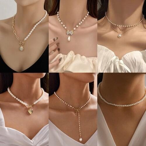 New Style Simple Pearl Bead Chain Choker Necklace Crystal Bowknot Tassel Necklace For Women Fashion Sex Jewelry Prom Accessories