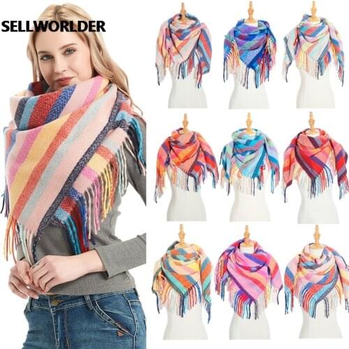 2020 NEW Women Striped Winter Thickened two side Tassel Scarf Warm Fashion Square Scarves & Wraps