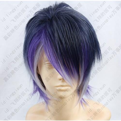 DIABOLIK LOVERS Sakamaki Reiji Short Purple Ombre Cosplay Wig Heat Resistant Synthetic Hair Wigs + Free Wig Cap