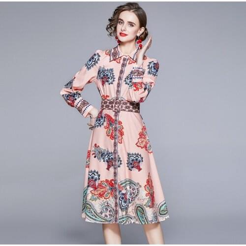 Spring Floral Print Summer Dress Women Long Midi Dress with Belt Vintage Party Dress Long Sleeve Harajuku Casual Plus Size k8873
