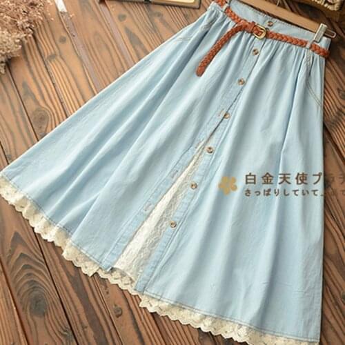 Mori Girl Casual Sweet Skirt Women Denim With Belt Solid Blue Lace Hem Female Mid Calf Skirt High Waist Skirts U157