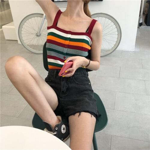 Women Corset Tops Womens 2021 Summer Rainbow Striped Camisole Tank Camis Crop Top For Women