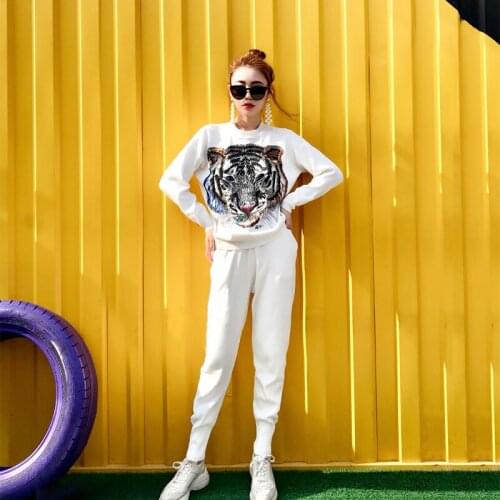 Black White O Neck Long sleeve Women Knit Tracksuit Outfits Manual Beaded Tiger Print Pullover Pencil Pants Casual Knitted Sets