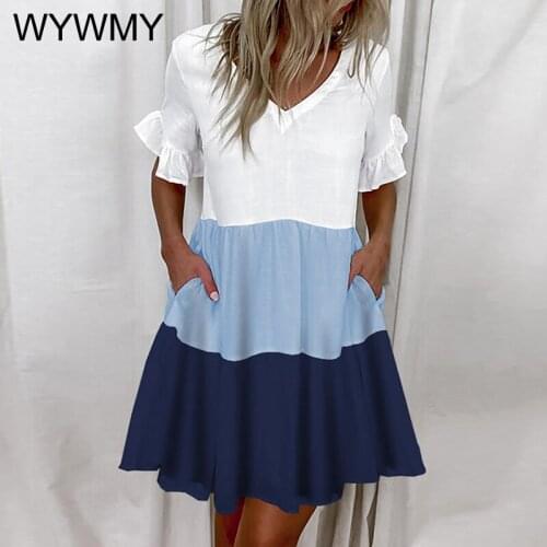 WYWMY Summer Mini Dress for Women 2021 New V-Neck Floral Printed Short Sleeve Pleated Ruffles Beach Dress Female Pocket Vestidos