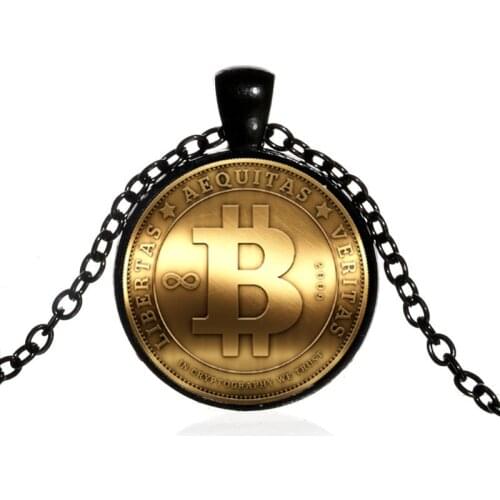 Gold Color BTC Bitcoin Shape Metal Glass Pendant Necklaces For Men Women Friends Fans Jewelry Gift Commemorative Coin