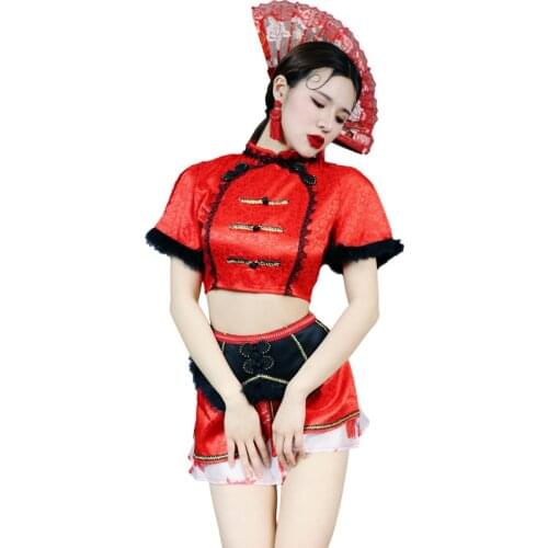 2PCS/SET Red Chinese Dance Costume Sexy Perspective Night Club DS Costume Bar Women Singer Team Jazz Dance wear DJ Stage Outfit