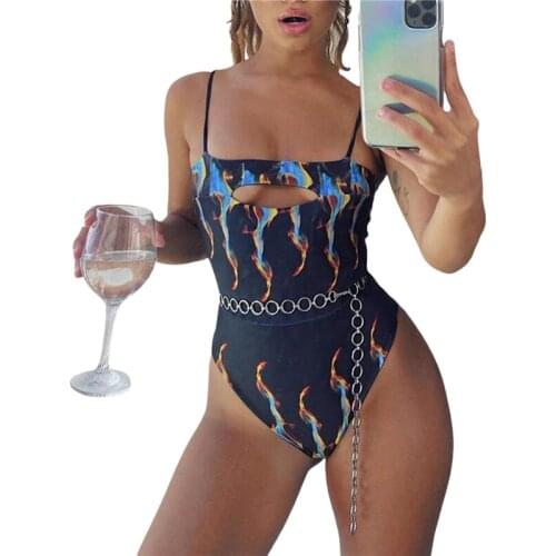 2021 Womens Flame Printed One-piece Swimsuit Hollowed Low Square Neck Triangle Sling Swimwear for Vacation/Seaside/Swimming