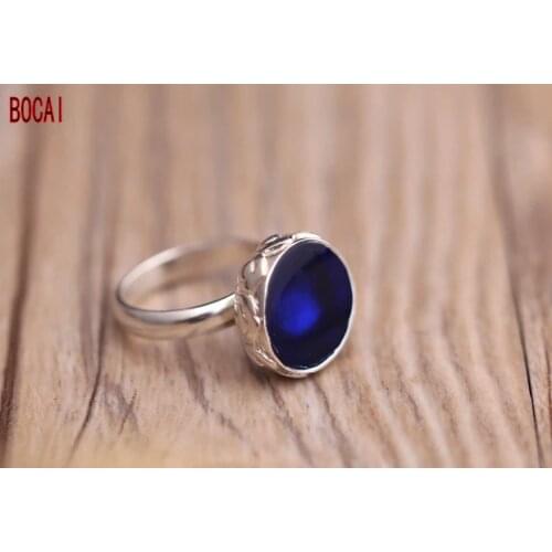 925 sterling silver palace carved open ring female retro original handmade silver jewelry blue enamel ring