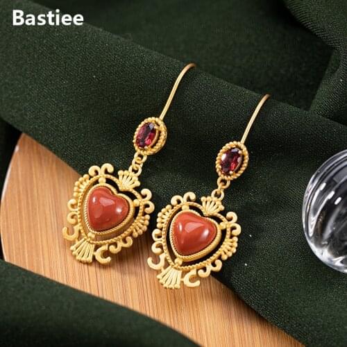 Bastiee Zircon Drop Heart Earrings 925 Sterling Silver Jewelry For Women Dangle Earings Red Agate Gold Plated Jewelery Luxury