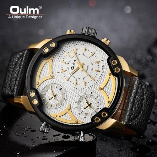 Oulm Watches Big Size Dial Military Quartz Watch Multiple Time Zone Leather Strap Male Wristwatch Men Clock Relogio Masculino