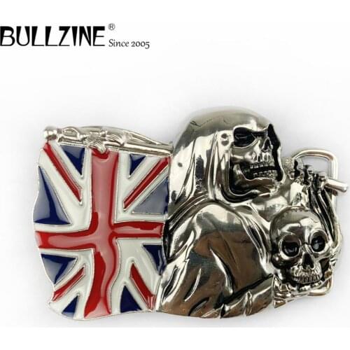 The Bullzine Skull with UK flag belt buckle with silver finish FP-03497 suitable for 4cm width snap on belt