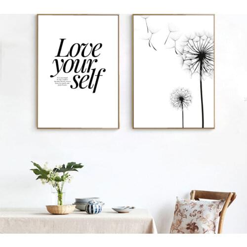 Dandelion Print Black and White Minimalist Poster Love Quote Canvas Painting Scandinavian Art Pictures Nordic Style Home Decor