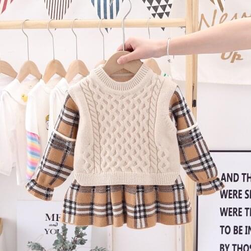 Baby girl outfit Girls Preppy Style Dress lattice Princess Dress Knitted Costumes Winter Knitwear sweater kids infant Clothes