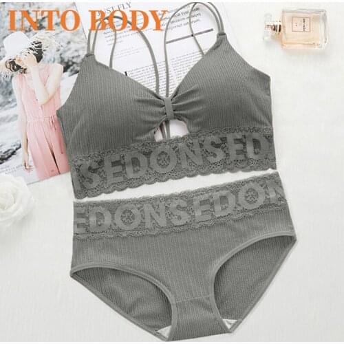 INTO BODY2pcs Sexy Womens Sports Bra Panties Set Letter Decoration Seamless Active Bra Fitness No Rim Underwear Women Underwear