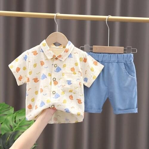 Summer Infant Toddler Baby Boy set Cute Animal Full Print Casual Fashion Lapel Shirt +solid shorts casual 2pcs kid Suit 1-6Y
