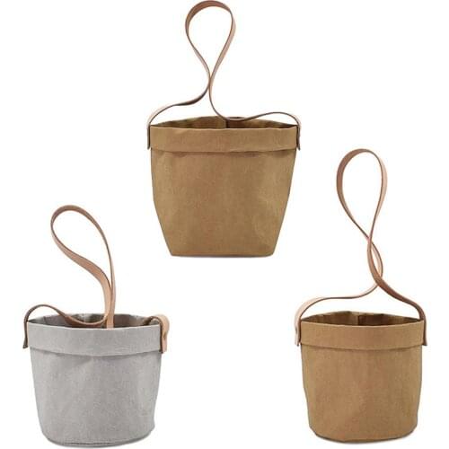 Mini Succulents Planter Pot Washable Kraft Paper Flowerpot Kraft Paper Hanging Flower Pots With Leather Hand Strap Hanging Pot
