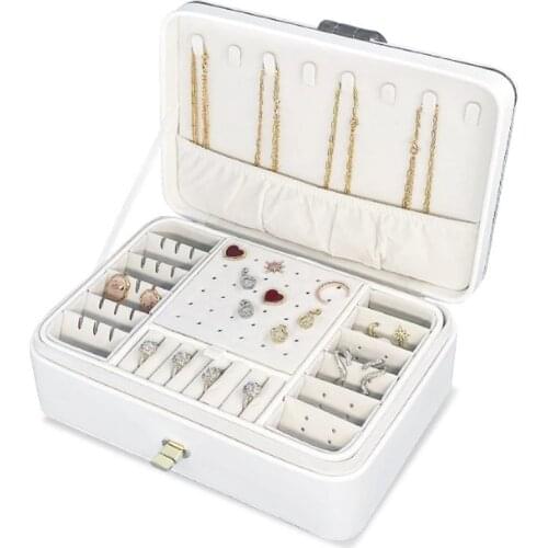 New Large Two Layer Jewelry Organizer Box with 56 Stud Jacks Smooth Leather Jewelry Storage Case Display Holder with Lock