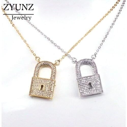 4PCS, Padlock Pendant Necklace Fashion Jewelry Lock Shaped Gold Color Zirconia Micro Pave CZ Classic Men Womens Jewelry