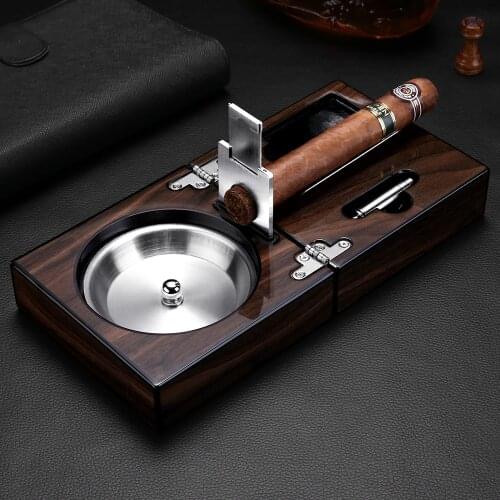 New arrival stainless steel cigar ashtray solid wooden Box with Cigar Punch Cutter Holder portable case set CE-1205
