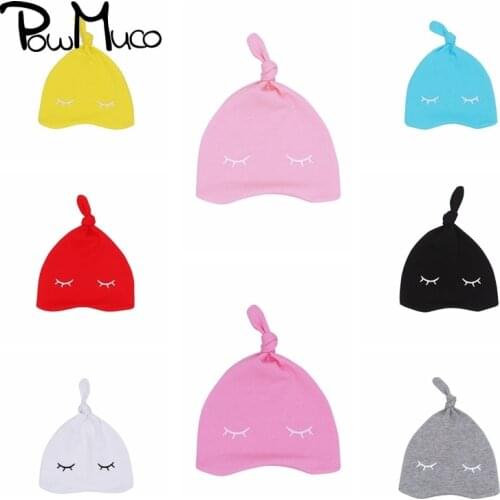 Powmuco Cute Cartoon Print Knotted Newborn Sleeping Cap Comfortable Soft Double Layer Warm Knitting Cotton Baby Hats Photo Props