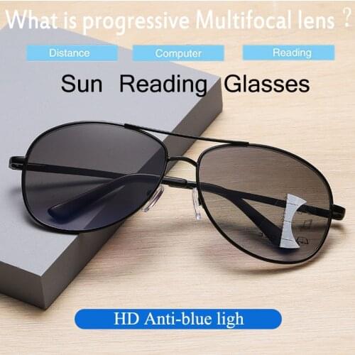 Progressive Multi-Focus Sun Reading Glasses Men Smart zoom Anti-blue light Anti-UV Outdoor Eyeglasses Full frame Spring Hinge