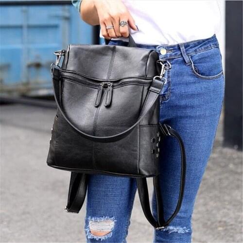 Simple Style Backpack Women Leather Backpacks For Teenage Girls School Bags Fashion Vintage Solid Black Shoulder Bag Youth Bolso
