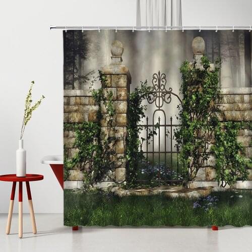 Retro Printed Shower Curtain Brick Wall Green Vine Dense Fog Forest Plant Landscape Washable Home Bathroom Decor Bath Curtains