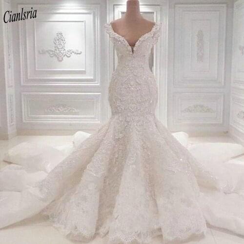 Romantic 3D Appliques Lace Off The Shoulder Dubai Saudi Arabic Mermaid Wedding Dress Sleeveless Beading Crystal Bridal Gown