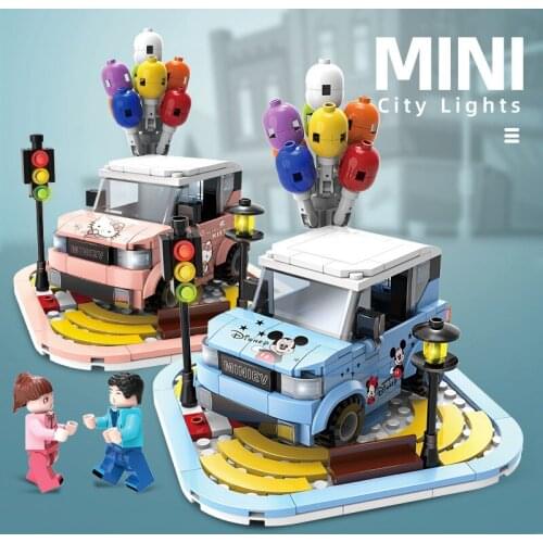 Technical Ideas Cartoon Building Blocks Car Model Mickey Kitty Car DIY Assembled Toy Educational Bricks Toys for Boys Girls Gift