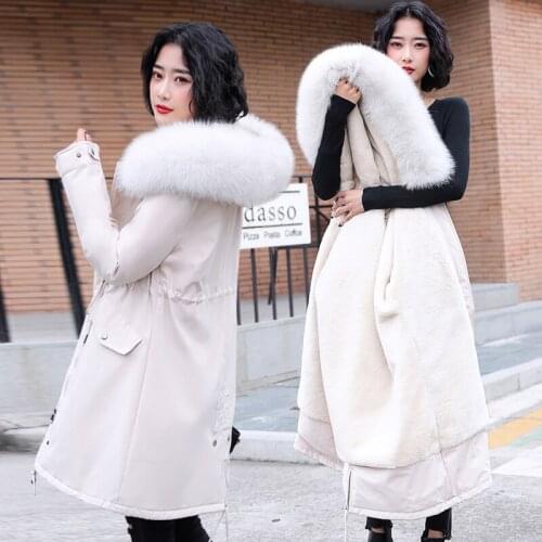 Winter Parka Women Jacket Coat New Korean Plus Velvet Warm Cotton Coat Hooded Fur Collar Mid Long Outerwear Womens Basic Coat
