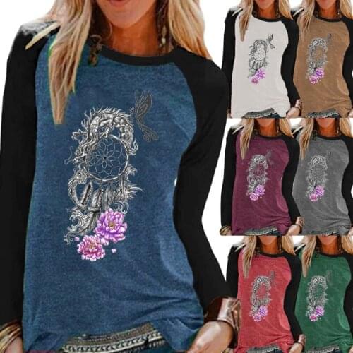 Womens Autumn New Leisure Round Neck Flower Print Comfortable Sweat Shirt Long Sleeve Plus Size T-shirt Loose Print Top