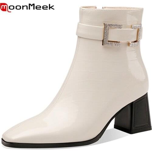 MoonMeek Cowhide Shoes Zipper Buckle Ankle Boots Fashion Square Heels Ladies Boots Winter Hand Made Big Size Women High Quality