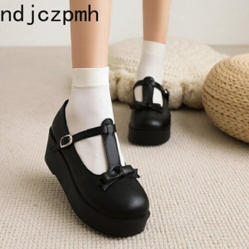 Big Size 34-43 Brand New Girl Lolita Mary Janes Pumps Cute Bowknot Wedges High Heels Women Pumps Platform Gothic Shoes Woman