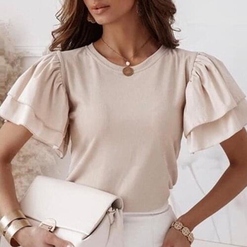 2021 Summer Womens Short Sleeve Ruffle Sleeve Solid Color Round Neck Casual Solid Color Layered Ruffle Top Blusa Street Wear