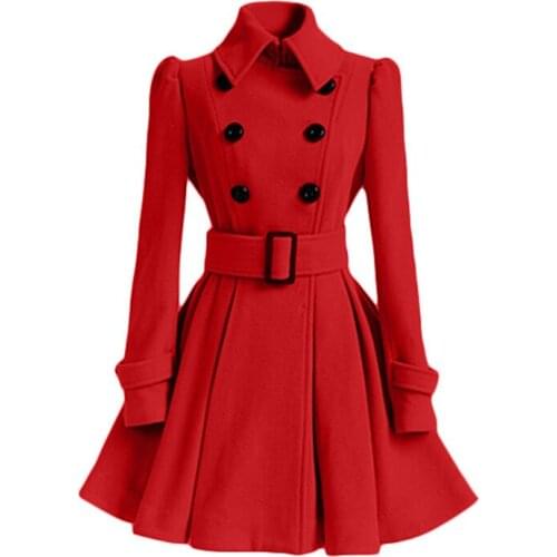 Woman Wool Coat Long Trench Red Fashion Slim Double Breasted Winter Elegance England Jacket Belt Office Lady Casual Outerwear