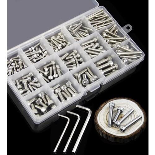 200Pcs/Set M3 304 Stainless Steel Hexagon Socket Bicycle Hex Bolts Flat Washers Assortment Kit