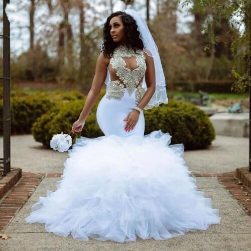 White Mermaid Long Wedding Dresses 2022 Stunning Beaded Top Ruffles African Girl Bridal Gowns