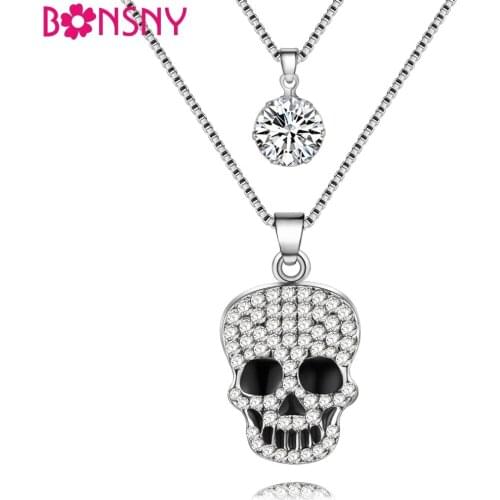 Bonsny Chain 2017 New Colorful Carystal Skull Skeleton necklace Halloween Pendant Alloy Charm Brand Jewelry For Women Girl