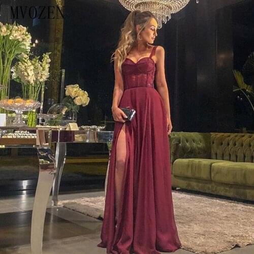 Burgundy Evening Dresses Long A-Line Spaghetti Strap See Through Floor Length FOrmal Gowns Vestido de festa Evening Dress