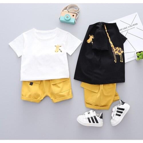 Childrens Boy Clothing Suit Summer Cute Cartoon Giraffe Print Casual T-Shirts Tops+ Solid Short Pants Toddler Kids Boys Clothes
