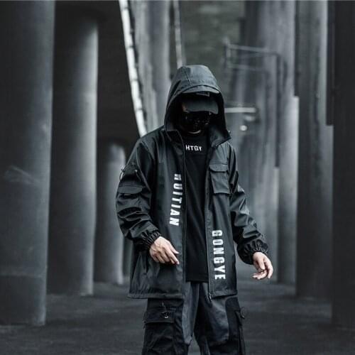 Hooded Letter Dark Functional Overalls Jackets Coats Techwear Autumn Winter Hip Hop High Street Cardigan Pocket Jacket Outerwear