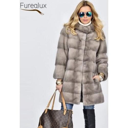 FUREALUX New Style Real Mink Fur Warm Womens Coat Handmade Custom Natural Mink Winter Mid-length Solid Color Casual Jacket