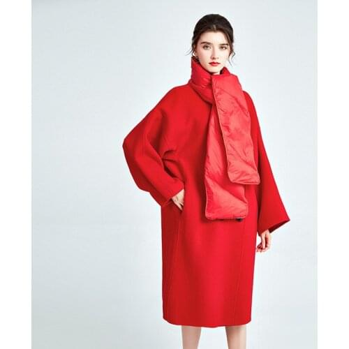 High-end Red Double Faced Cashmere Coat Loose and Thin Temperament Scarf Collar Womens Jacket Autumn Winter Woolen Overcoat