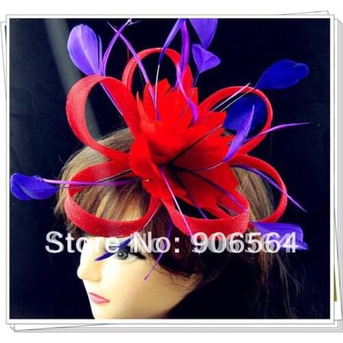 Red Fascinators with Purple Feather Decoration High Quality Sinamay Fascinator Hats Great Cocktail Hats Derby Millinery MSF125