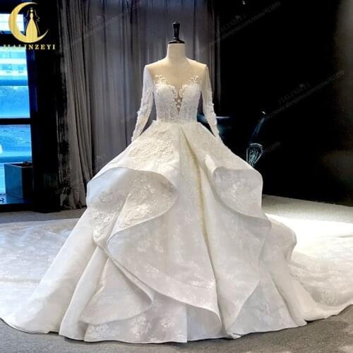 JIALINZEYI Real Picture Lace Appliques Long Sleeves With flowers Long Train Bridal Wedding Dresses wedding gown 2020