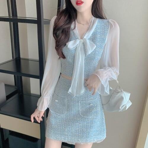 Small Fragrance New Sweet Korean Elegant 2 Piece Set Women Bow Tweed Patchwork Chiffon Shirt Blouse Crop Top + Mini Skirt Suits