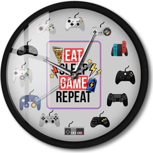Eat Sleep Playing Video Games Gamepad Wall Clock Voice Control Metal Frame Home Decor Clock LED Lighting Silent For Bedroom