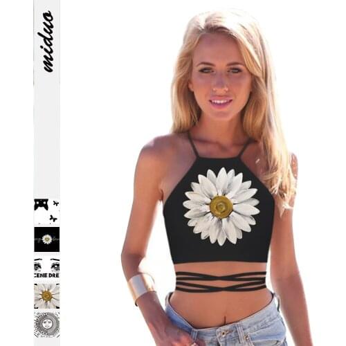 New Summer Sexy Sunflower Printed Girl Gym Sport Vest Tanks Slim Fitness Cross Bandage Women Camis Crop Tops Streetwear