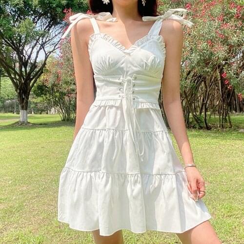 New A Line White Lace-up Cami Y2K Mini Dress Women Sweet Ball Gown Prom Party Dresses V Neck Korean Style Sundress 2021 Iamhotty