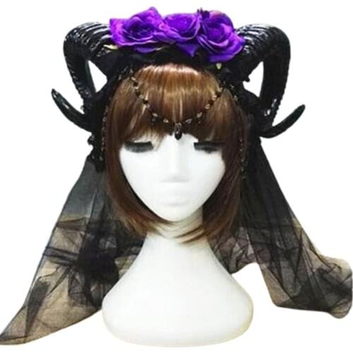 Halloween Carnival Lolita Headband Sheep Horn Rose Flower Chain Crown Hair Hoop Vampire Demon Mesh Veil Gothic Headpiece